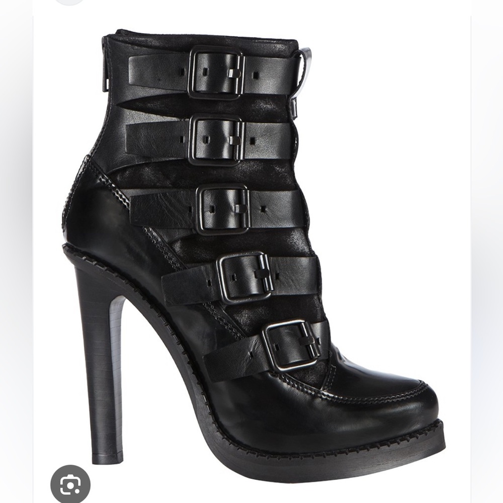 ALL SAINTS ‘Widow’ Black Leather Multi-Buckle Platform Heeled Boots 37 - Picture 1 of 12